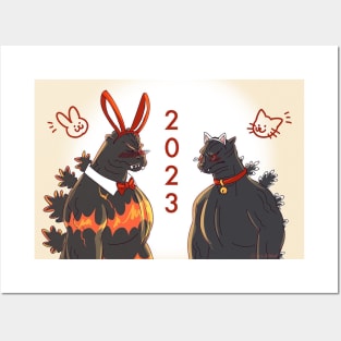 bunny (burning) and year of the cat godzilla Posters and Art